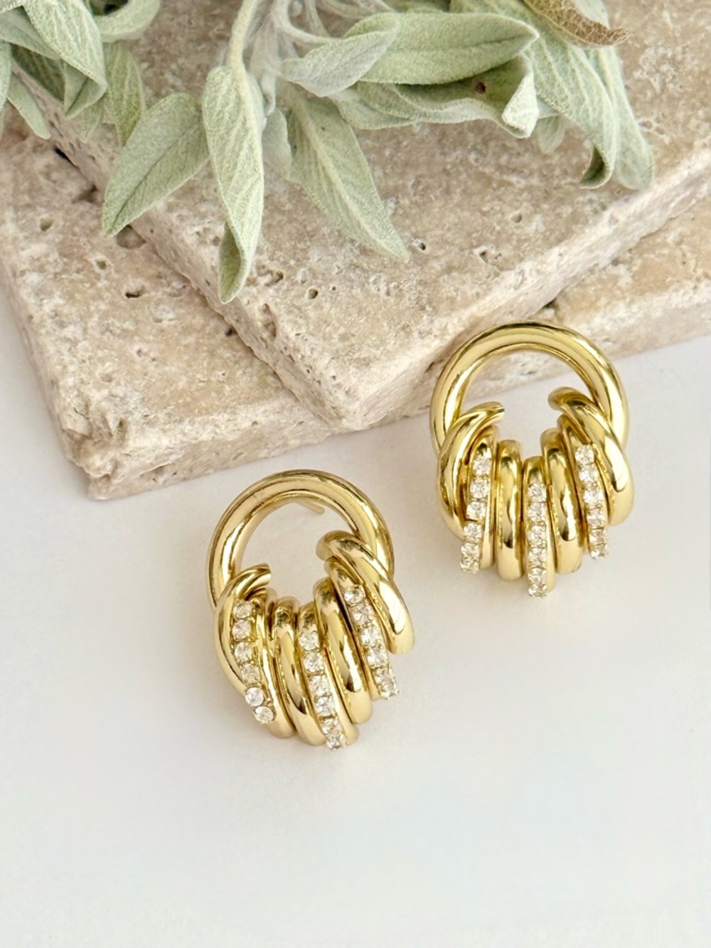 14K Gold Plated Ribbed & Circle Stud Earrings | CZ Encrusted Layered Statement - Picture 6 of 9
